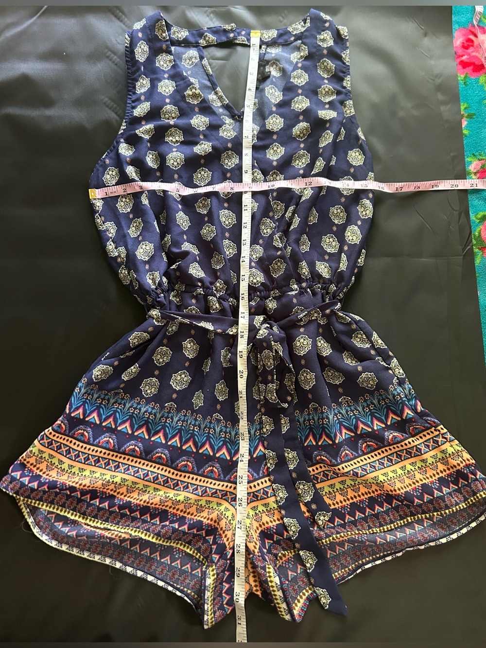 BeBop Navy Sleeveless Romper with Multicolor Border Print